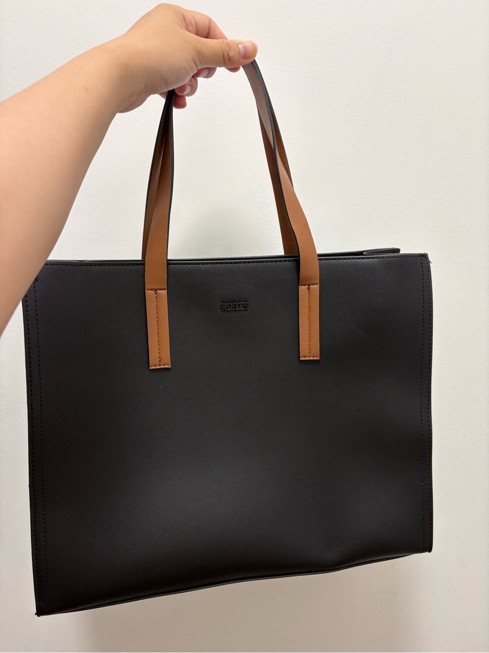 Roots Black Tote with Brown Handles